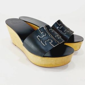 Tory Burch Ines Wood Wedge Sandals Slides Black Leather Women's Size 8